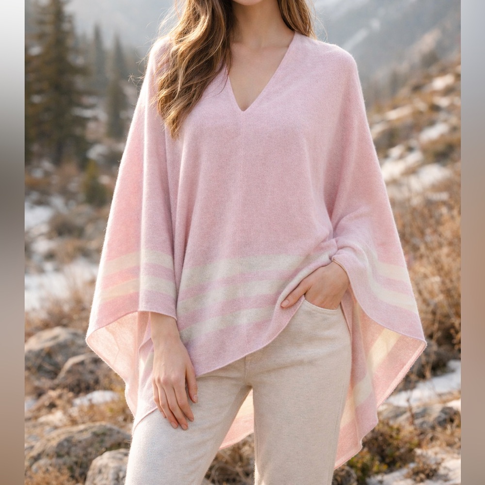 InCashmere 100% Cashmere Soft Pink V-Neck Poncho with Cream Stripes One Size